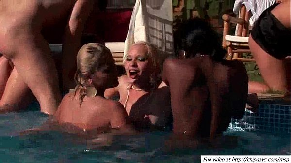 Sun group sex party near pool scene